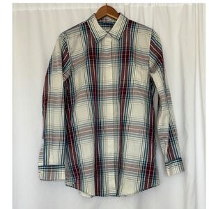 Orvis Womens Plaid Burgundy Button Down Shirt Size 12 Lagenlook Preppy